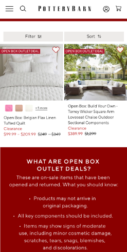 Pottery Barn Open Box Outlet Factory Seconds